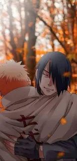 Anime characters embrace in autumn forest with orange foliage background.