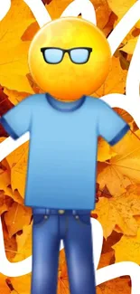 Cool emoji amidst vibrant autumn leaves.