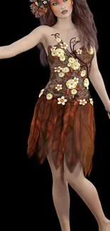 Enchanted autumn fairy wearing a floral dress with brown and orange hues.