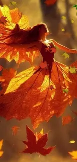 A fairy in a golden leaf dress dancing amidst autumn leaves in a forest.