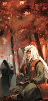 Anime character in autumn forest with vibrant leaves and fantasy elements.