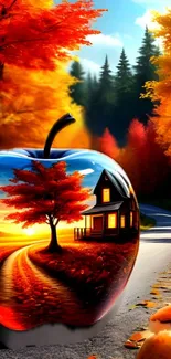 Surreal autumn landscape with apple reflection.