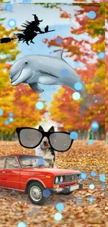 Whimsical autumn scene with car, dolphin, and witch on leaf-covered path.