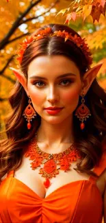 Enchanting orange-themed elf portrait with autumn leaves.