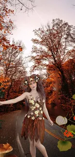 Enchanting autumn forest wallpaper with a mystical fairy and vibrant fall colors.