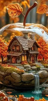 Miniature cottage in a glass globe with autumn leaves.