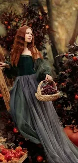 A woman in an autumn forest holding a basket of apples, creating a mystical scene.