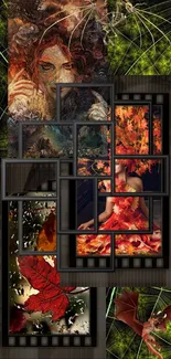 A fantasy collage wallpaper with autumn leaves and mystical art.