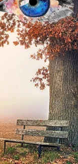 Autumn scene with eye illustration above bench and tree.