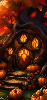 Vibrant autumn tree house with pumpkins.