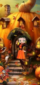 Enchanting autumn scene with pumpkin house and festive leaves.