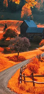 Scenic autumn farm road with vibrant orange leaves and a rustic barn.