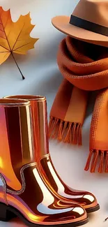 Autumn fashion scene with orange boots, hat, scarf, and leaves.