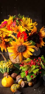 A vibrant autumn floral arrangement with sunflowers and pumpkins in a rustic basket.