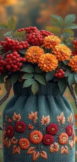 Knit bag with autumn flowers and berries.