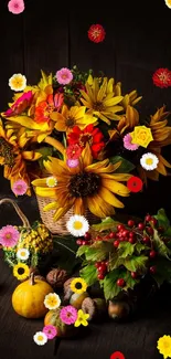 Vibrant autumn bouquet with sunflowers and berries.