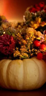 Autumn pumpkin with colorful floral arrangement for a seasonal touch.