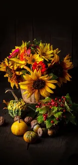 Vibrant autumn bouquet with sunflowers and gourds on a dark brown background.