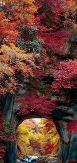 Vibrant autumn forest with stone archway and colorful foliage.