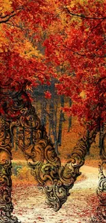 Artistic autumn forest with vibrant leaves and intricate design.