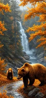Two bears in an autumn forest by a waterfall.