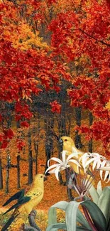 Vibrant autumn forest with birds and flowers.