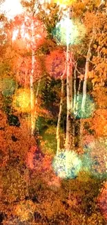 Vibrant autumn forest with bokeh effects and orange foliage.