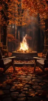 Serene autumn forest with bonfire and chairs.