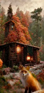 Autumn forest scene with cabin and fox, perfect for mobile wallpaper.