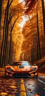 Sports car drives through autumn forest with vibrant orange leaves.