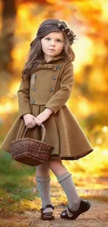 Girl in autumn forest with basket in hand.