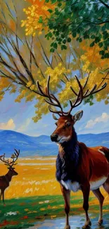 Autumn forest deer painting with vibrant colors.