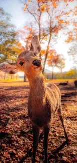 Curious deer in autumn forest with vibrant fall leaves.