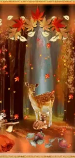 Deer in an autumn forest surrounded by colorful leaves.