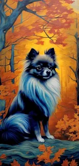 Fluffy black and white dog in an autumn forest with orange leaves art.