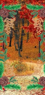 Festive autumn forest wallpaper with colorful leaves and pinecone frame.