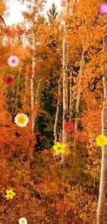 Scenic autumn forest with colorful flowers and vibrant orange hues.