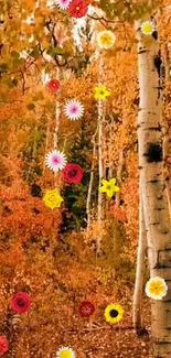 Autumn forest with birch trees and colorful flowers as mobile wallpaper.