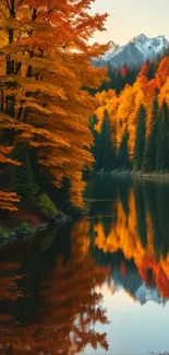 Autumn forest with colorful leaves reflected in a serene lake.