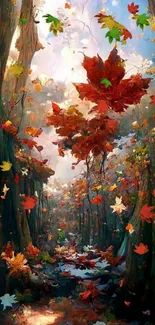 Vibrant autumn leaves descending in a forest pathway, evoking a warm and colorful ambience.