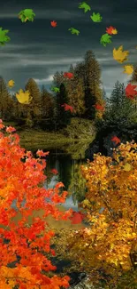 Vibrant autumn leaves with forest and lake background.