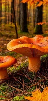 Autumn forest with vibrant orange mushrooms.