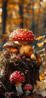 Vibrant autumn forest with colorful mushrooms.