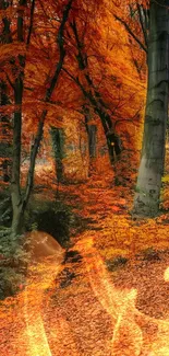 Autumn forest path with orange foliage and tranquil landscape.