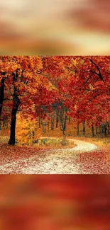 Serene autumn forest path with vibrant red leaves.