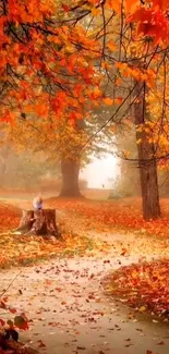 Serene autumn forest path with vibrant orange leaves and a rustic tree-lined trail.