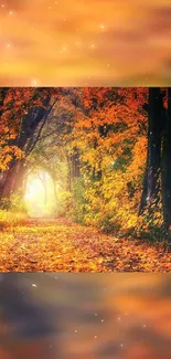 Autumn forest path with vibrant foliage and sunlight.