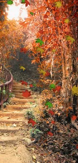 Rustic autumn path with red foliage in a serene forest setting.