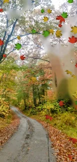 Serene forest path with falling autumn leaves.