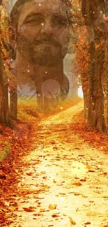 Serene autumn forest path with golden leaves.